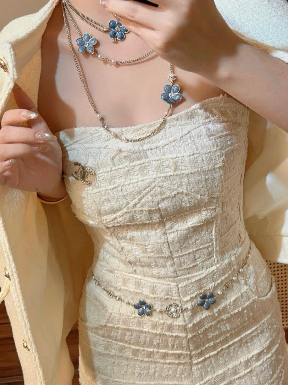 Chanel Gold-Tone Blue Enamel Flower Pearl Crystal Long Necklace - Picture 7 of 7